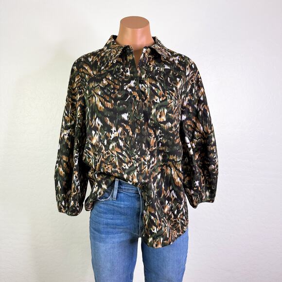 Ted Baker London Evrett Lantern Sleeve Shirt Top Blouse Camo Khaki size 4 NWT - Picture 2 of 12